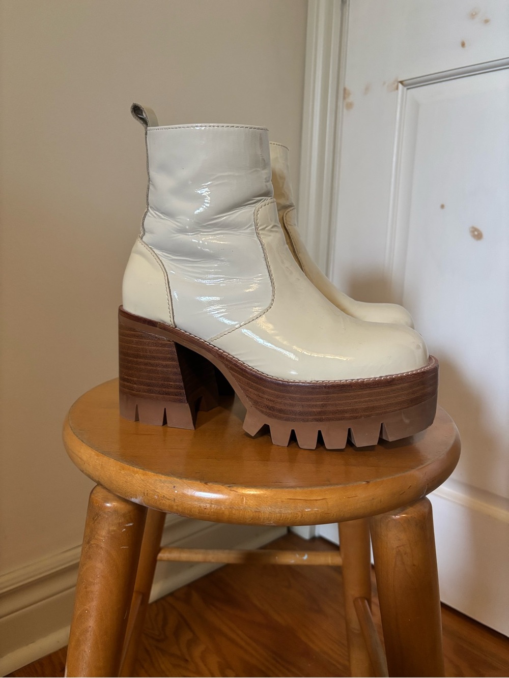 Jeffery Campbell Cream Patent Platform Ankle Boots